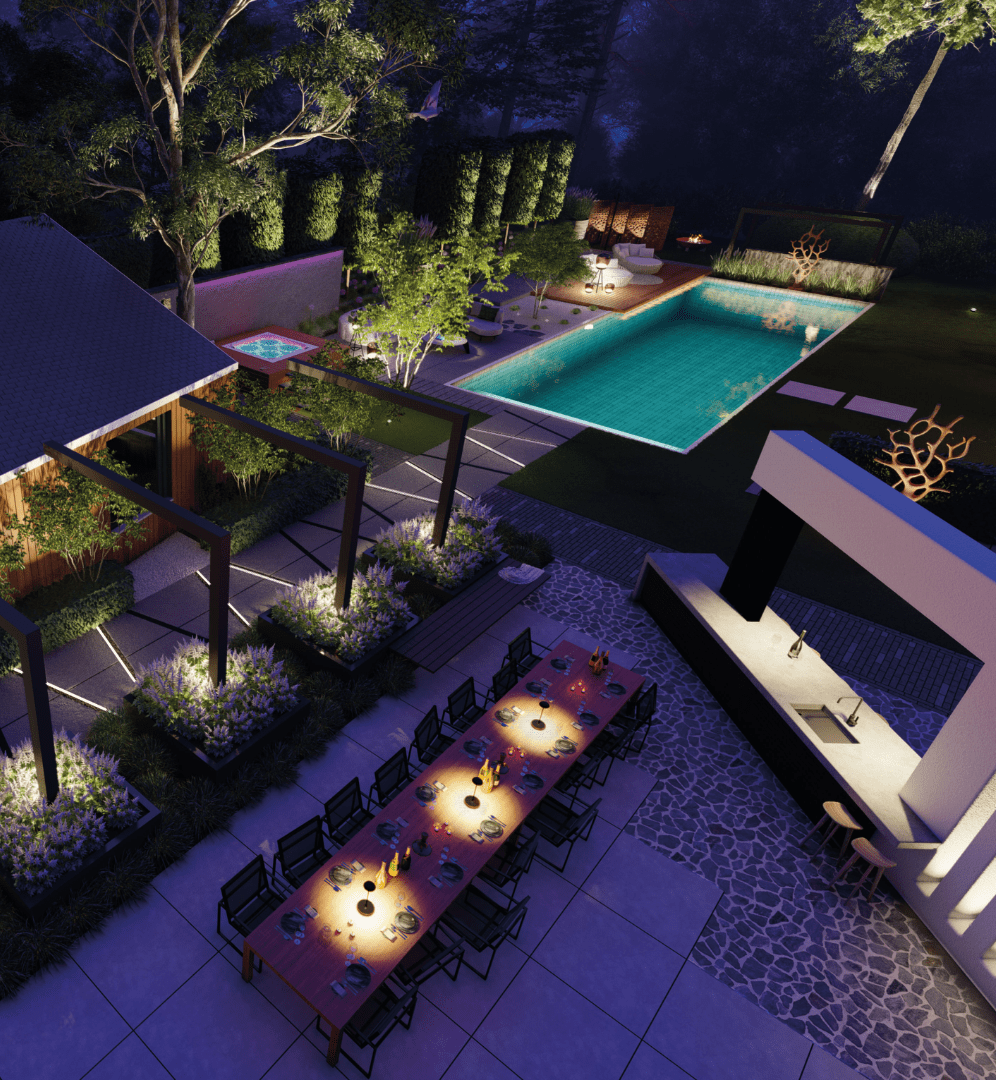 This image depicts a beautifully designed and meticulously landscaped outdoor living and entertaining space, centered around an inviting swimming pool. The scene is illuminated by a combination of subtle, ambient lighting, creating a warm and enchanting atmosphere. The pool itself is the focal point, with its smooth, reflective surface and tranquil water that mirror the surrounding lush greenery and night sky. The pool is surrounded by a wood deck and interspersed with various seating areas, including a long table with chairs arranged for dining or socializing. The landscaping features an array of carefully curated plants, trees, and shrubbery, creating a natural, serene ambiance. Decorative lighting elements, such as wall-mounted fixtures and subtle pathway illumination, further enhance the overall atmosphere and highlight the architectural and landscape features. The overall composition emphasizes the harmonious integration of the built environment and the natural elements, resulting in a visually striking and inviting outdoor oasis that is perfect for both relaxation and entertainment. The attention to detail, from the thoughtful lighting design to the meticulously maintained greenery, contributes to the sophisticated and elegant character of the space. This image conveys a sense of refined luxury, comfort, and an appreciation for the beauty of the outdoors, where the designed and the natural seamlessly coexist to create a captivating and serene outdoor retreat.