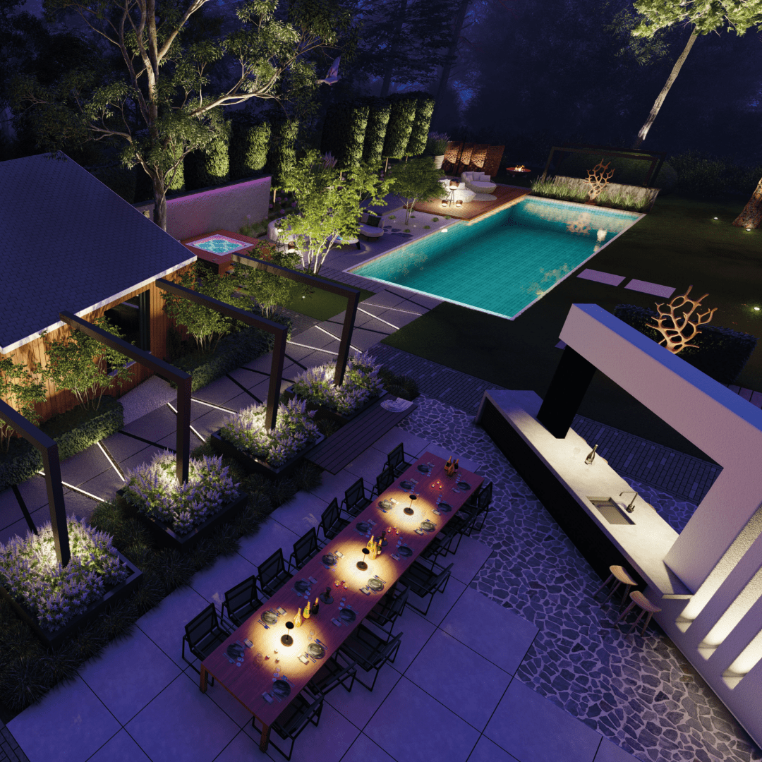 This image depicts a beautifully designed and meticulously landscaped outdoor living and entertaining space, centered around an inviting swimming pool. The scene is illuminated by a combination of subtle, ambient lighting, creating a warm and enchanting atmosphere. The pool itself is the focal point, with its smooth, reflective surface and tranquil water that mirror the surrounding lush greenery and night sky. The pool is surrounded by a wood deck and interspersed with various seating areas, including a long table with chairs arranged for dining or socializing. The landscaping features an array of carefully curated plants, trees, and shrubbery, creating a natural, serene ambiance. Decorative lighting elements, such as wall-mounted fixtures and subtle pathway illumination, further enhance the overall atmosphere and highlight the architectural and landscape features. The overall composition emphasizes the harmonious integration of the built environment and the natural elements, resulting in a visually striking and inviting outdoor oasis that is perfect for both relaxation and entertainment. The attention to detail, from the thoughtful lighting design to the meticulously maintained greenery, contributes to the sophisticated and elegant character of the space. This image conveys a sense of refined luxury, comfort, and an appreciation for the beauty of the outdoors, where the designed and the natural seamlessly coexist to create a captivating and serene outdoor retreat.