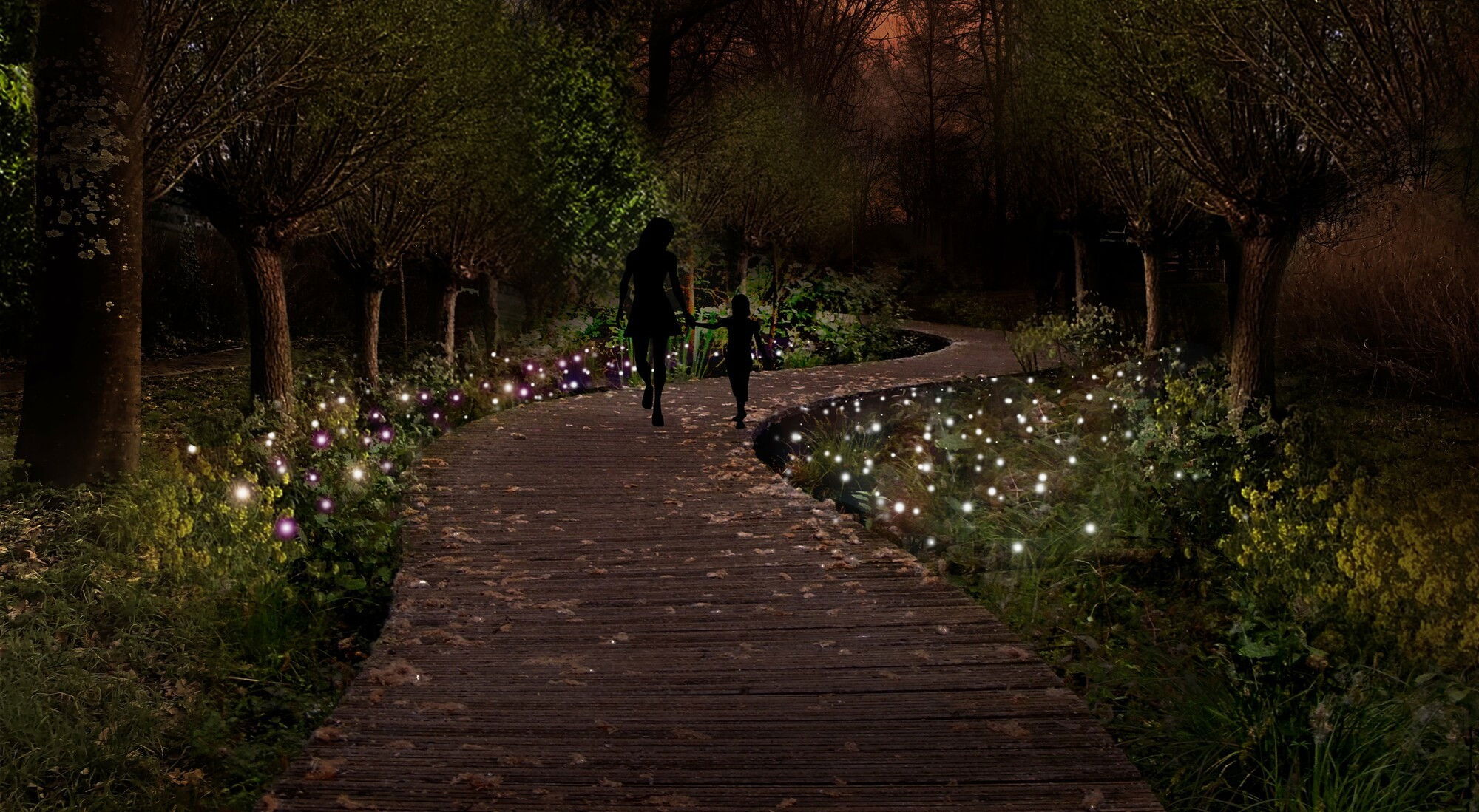 This image depicts a magical, enchanting nighttime scene in a lush, wooded garden environment. The centerpiece is a long, wooden boardwalk or path that winds through the verdant landscape, illuminated by a dazzling display of sparkling lights.  Along the path, clusters of delicate white flowers appear to be gently glowing, casting a captivating, ethereal glow across the scene. The path is flanked by tall, mature trees that create a canopy overhead, filtering the soft, ambient lighting and casting warm, filtered shadows across the ground.  In the distance, two figures can be seen walking along the path, adding a sense of scale and human presence to the serene setting. The overall composition creates a truly mesmerizing and whimsical atmosphere, evoking a sense of wonder and tranquility.  The interplay of natural elements, subtle lighting, and the presence of the two figures walking the path gives the scene a dreamlike, almost magical quality. It invites the viewer to immerse themselves in the beauty and enchantment of this outdoor garden oasis, where the boundaries between the natural and the otherworldly seem to blur.  This image exudes a profound sense of harmony and enchantment, successfully capturing the captivating allure of a nighttime garden landscape transformed into a realm of enchantment and possibility.