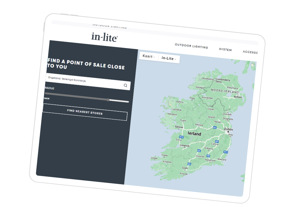 Deze afbeelding toont de 'Find a Point of Sale Close to You'-functie op de in-lite website. Deze tool helpt gebruikers om snel een verkooppunt in de buurt te vinden waar in-lite buitenverlichting producten verkrijgbaar zijn. De kaart van Ierland is zichtbaar, met de verschillende steden en regio's aangeduid. Gebruikers kunnen de straal rond hun locatie aanpassen en op de 'Find Nearest Stores'-knop klikken om nabijgelegen in-lite dealers te identificeren. Deze interactieve functie maakt het voor consumenten eenvoudig om in hun lokale omgeving de dichtstbijzijnde in-lite dealer te vinden en de gewenste buitenverlichting aan te schaffen.