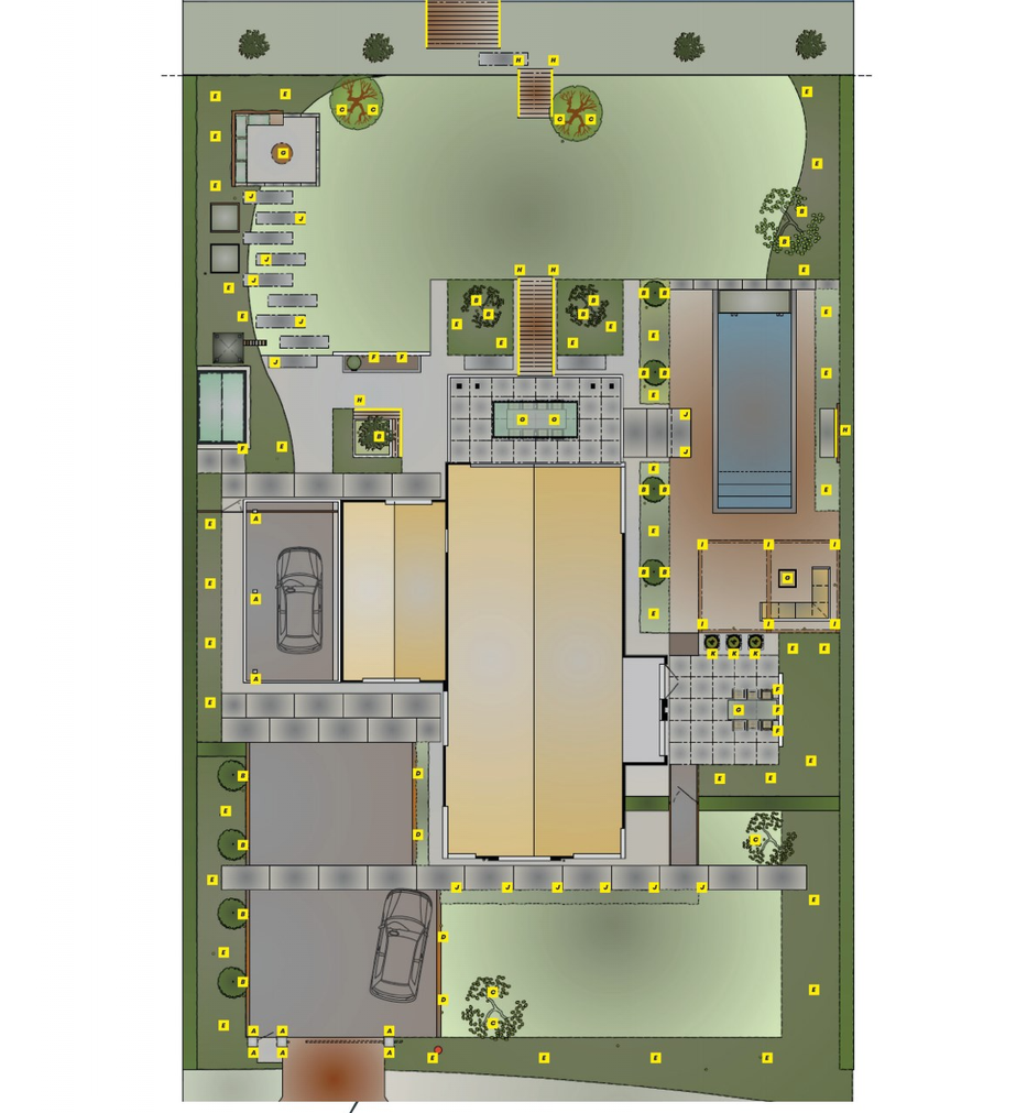 This image appears to be an architectural site plan or landscape design for an outdoor living space. The plan depicts a comprehensive layout of the various elements and features within the proposed design. The plan shows a central building or residence, surrounded by a series of pathways, landscaping elements, and outdoor seating areas. The pathways are highlighted, suggesting they are the main circulation routes through the space. Surrounding the building are various circular and rectangular shapes, which likely represent planting beds, water features, or other landscape components. The plan also includes symbols that may represent lighting fixtures, trees, and other landscape elements. These are strategically placed throughout the design to create a visually balanced and cohesive outdoor environment. While the specific details of the design are not entirely clear, the overall layout suggests a thoughtful and carefully considered approach to integrating the built and natural elements. The plan appears to prioritize functional aspects, such as circulation and seating, while also emphasizing the aesthetic and experiential qualities of the outdoor space. Without additional context, it's difficult to determine the precise purpose or scale of this design. However, the level of detail and planning evident in the image indicates a well-conceived and professionally developed outdoor living or landscape concept.