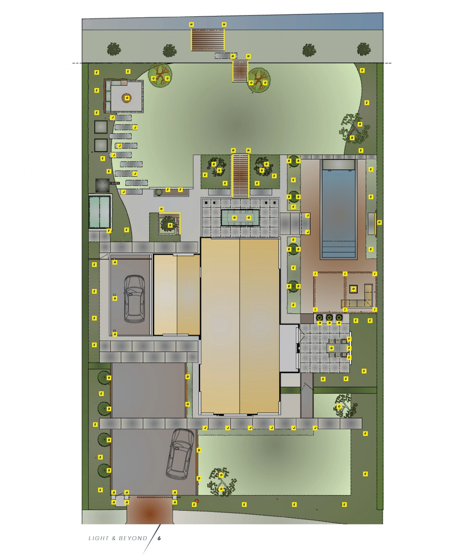 This image appears to be an architectural site plan or landscape design for an outdoor living space. The plan depicts a comprehensive layout of the various elements and features within the proposed design. The plan shows a central building or residence, surrounded by a series of pathways, landscaping elements, and outdoor seating areas. The pathways are highlighted, suggesting they are the main circulation routes through the space. Surrounding the building are various circular and rectangular shapes, which likely represent planting beds, water features, or other landscape components. The plan also includes symbols that may represent lighting fixtures, trees, and other landscape elements. These are strategically placed throughout the design to create a visually balanced and cohesive outdoor environment. While the specific details of the design are not entirely clear, the overall layout suggests a thoughtful and carefully considered approach to integrating the built and natural elements. The plan appears to prioritize functional aspects, such as circulation and seating, while also emphasizing the aesthetic and experiential qualities of the outdoor space. Without additional context, it's difficult to determine the precise purpose or scale of this design. However, the level of detail and planning evident in the image indicates a well-conceived and professionally developed outdoor living or landscape concept.